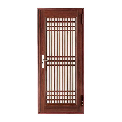 A wooden door with a metal grill on a white background.
