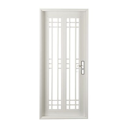 A white door with a handle on a white background.