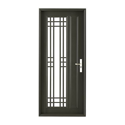 A black door with a handle on a white background.