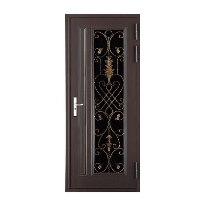 A brown door with a wrought iron design on it on a white background.