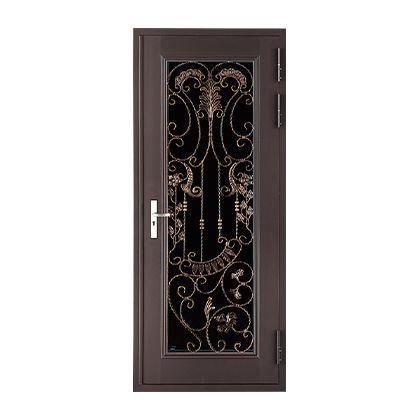 A brown door with a wrought iron design on it.