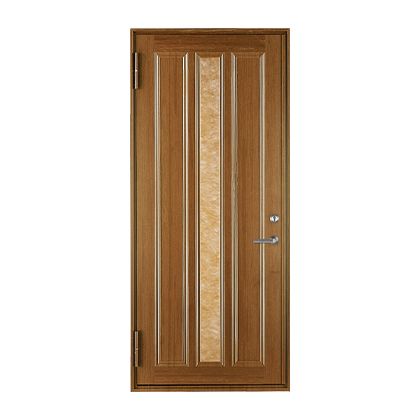 A wooden door with a glass panel on a white background.