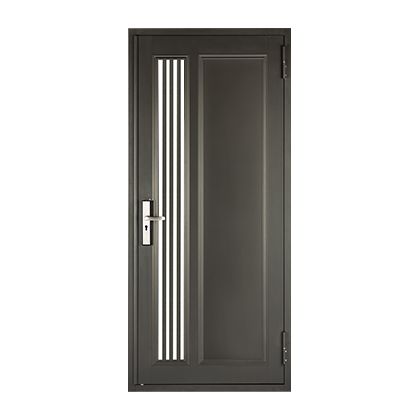 A black door with white stripes on it and a handle on a white background.