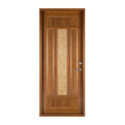 A wooden door with a glass panel and a handle on a white background.