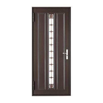 A brown door with a glass panel and a handle on a white background.
