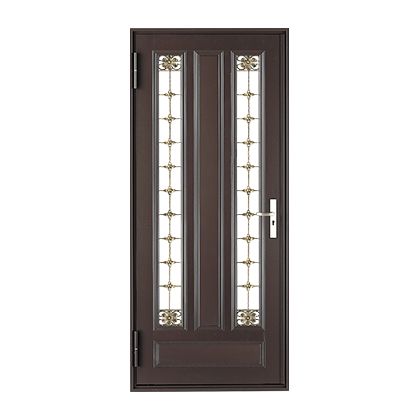 A brown door with a handle and glass panels on a white background.