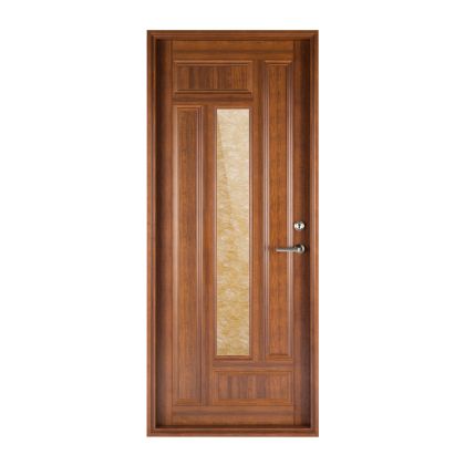 有玻璃面板和把手的木門在白色背景上