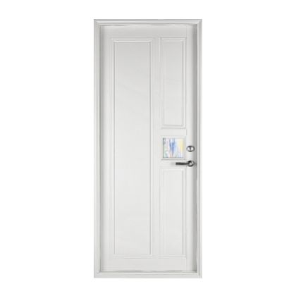 一扇白色有不鏽鋼把手的門，上面有彩色裝飾板