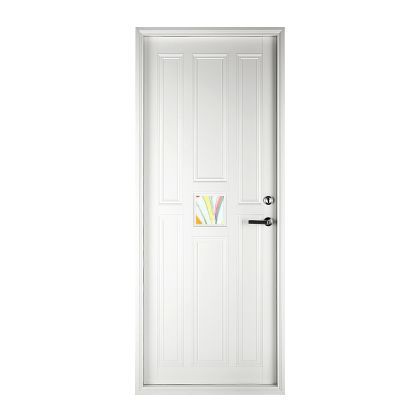 A white door with a black handle on a white background.