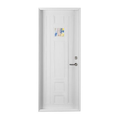 A white door with a picture on it on a white background.