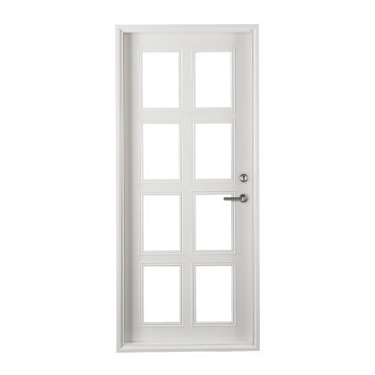 A white door with square windows and a handle on a white background.