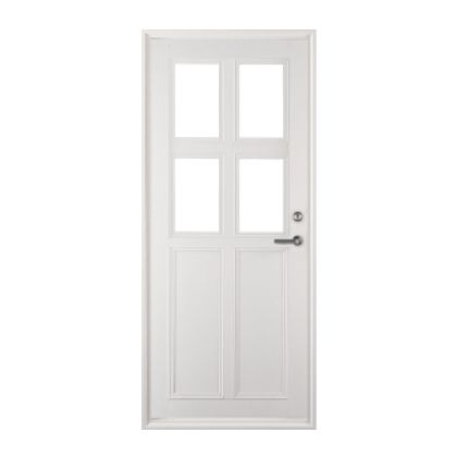 A white door with four windows and a handle on a white background.