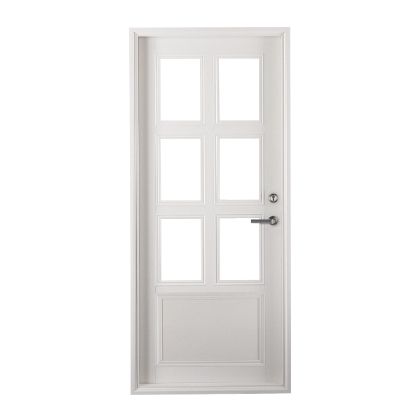 A white door with square windows and a handle on a white background.