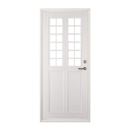 A white door with square windows and a handle on a white background.