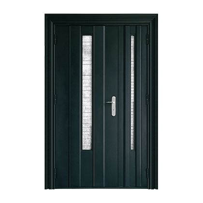 A black door with a glass window and a handle on a white background.
