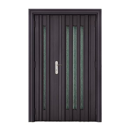 A black door with a handle on a white background.