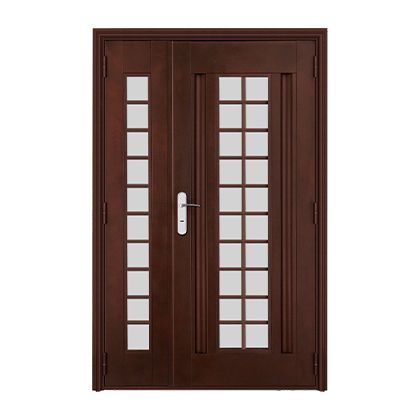 It is a 3d model of a wooden door with square windows.