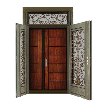 A 3d model of a wooden door with a wrought iron design on a white background.