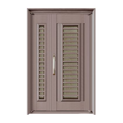 A double door with a handle and shutters on a white background.