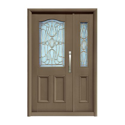 A brown double door with a stained glass window on a white background.