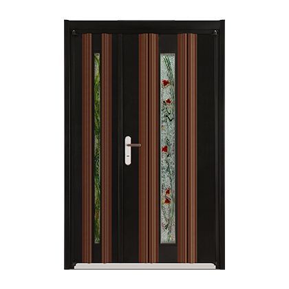 A black and wooden door with a stained glass window.