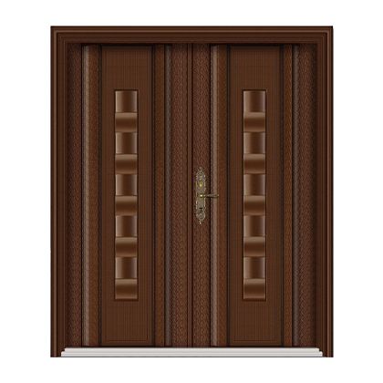 A wooden double door with a handle on a white background.