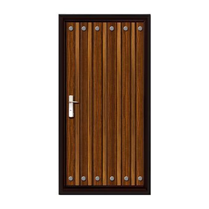 A wooden door with a handle on a white background.