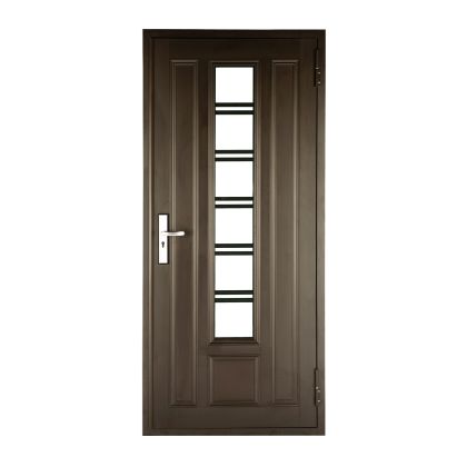 A brown door with square windows and a handle on a white background.