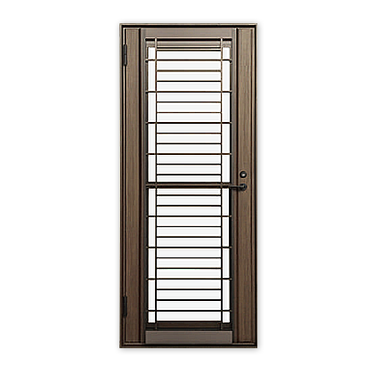 A metal door with a stainless steel grill on a white background.