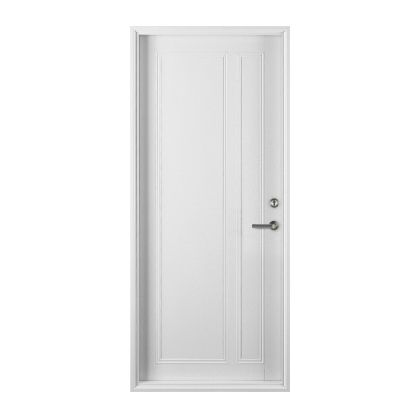 A white door with a black handle on a white background.