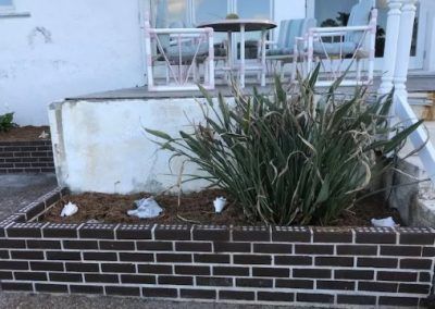 A brick wall with a plant in it in front of a house.