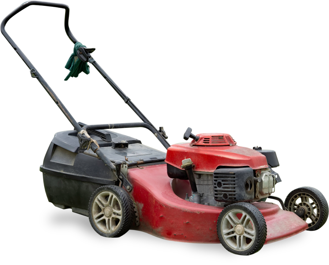 A red lawn mower with four wheels