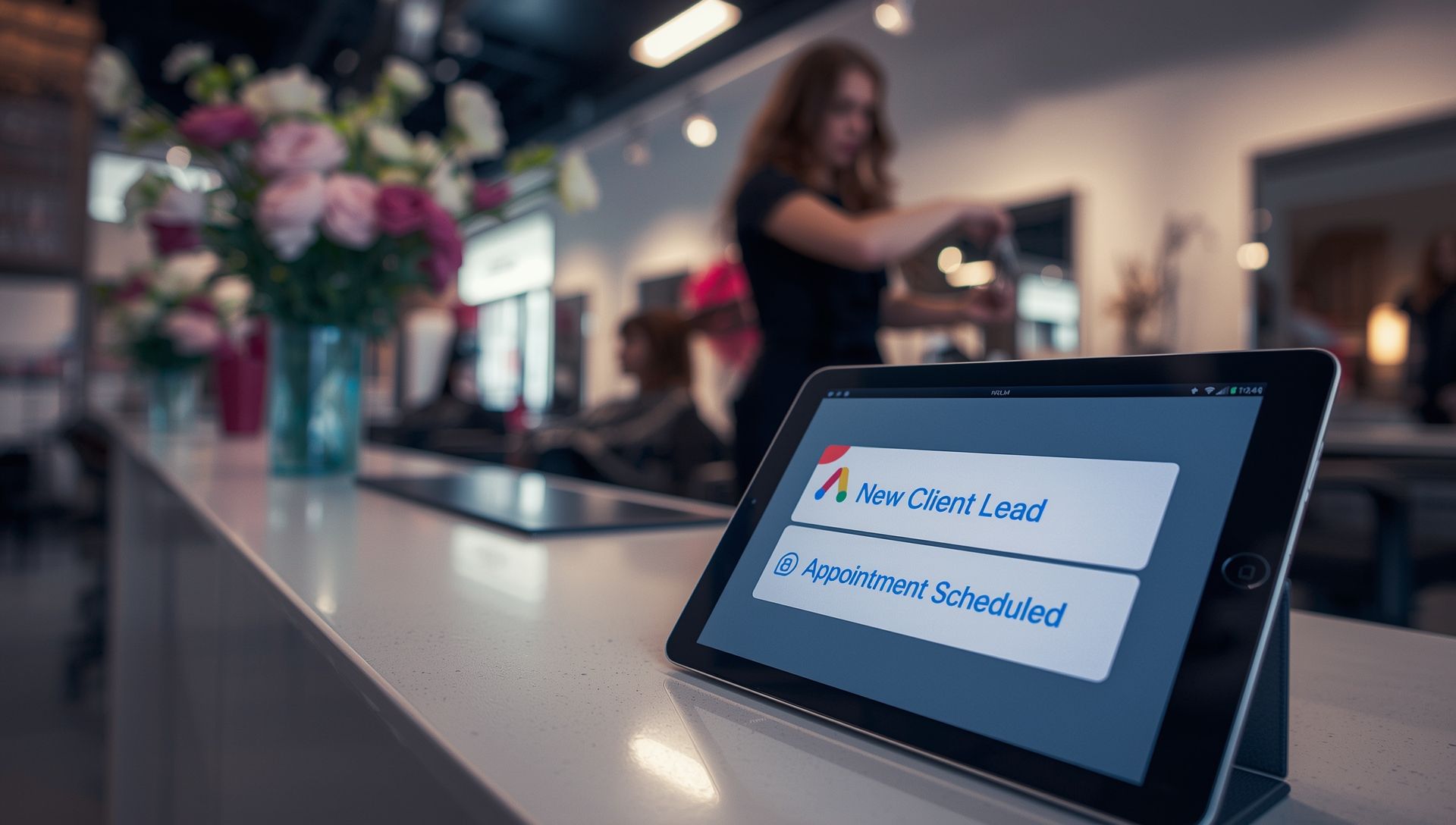 A salon owner using Google Ads on a laptop to promote spa and beauty services online