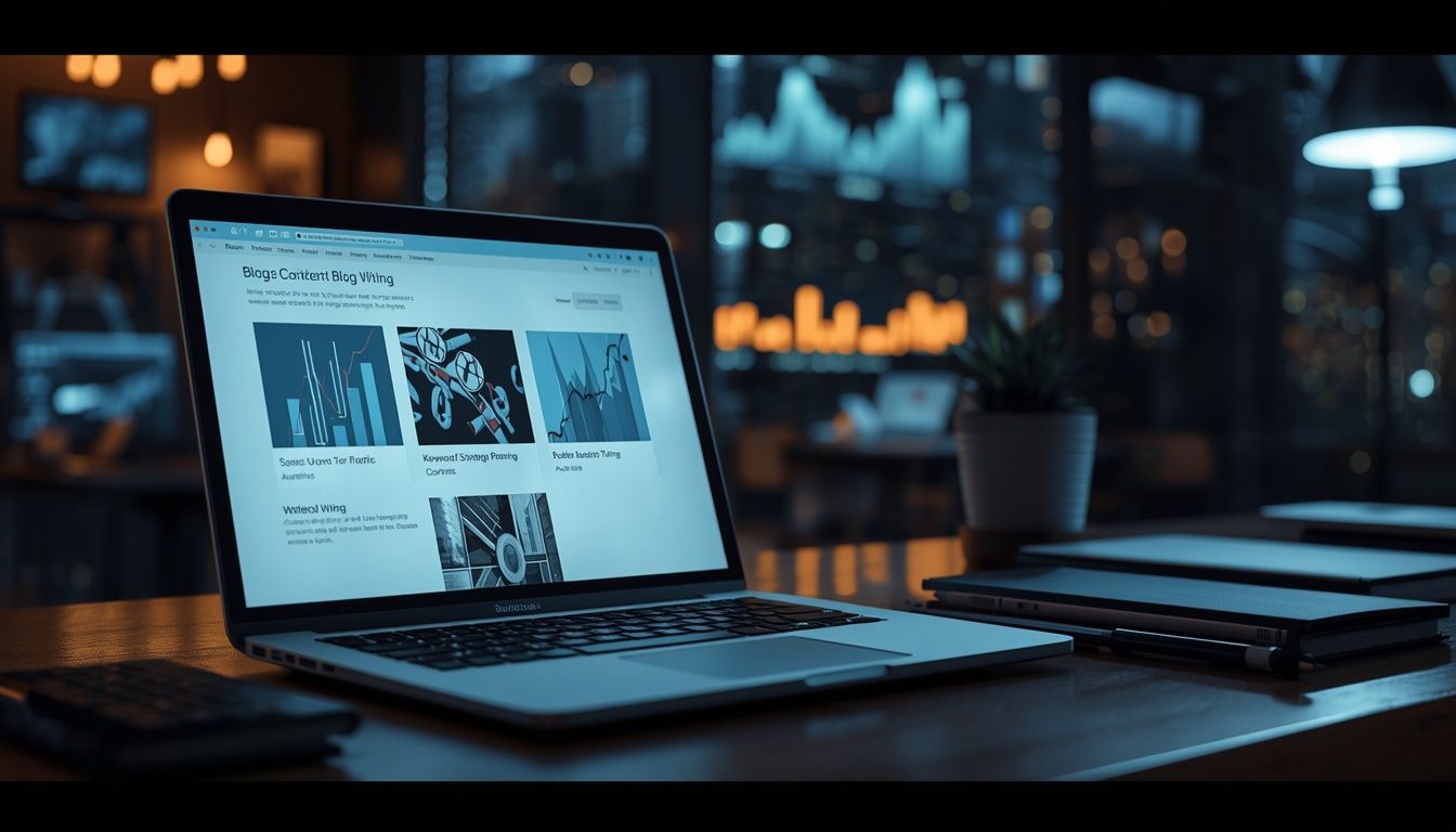 Professional SEO content writing strategy and Google ranking optimization workspace