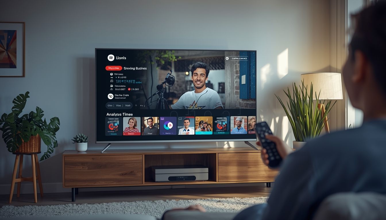 Smart TV displaying streaming advertisement in a modern home, representing connected TV advertising