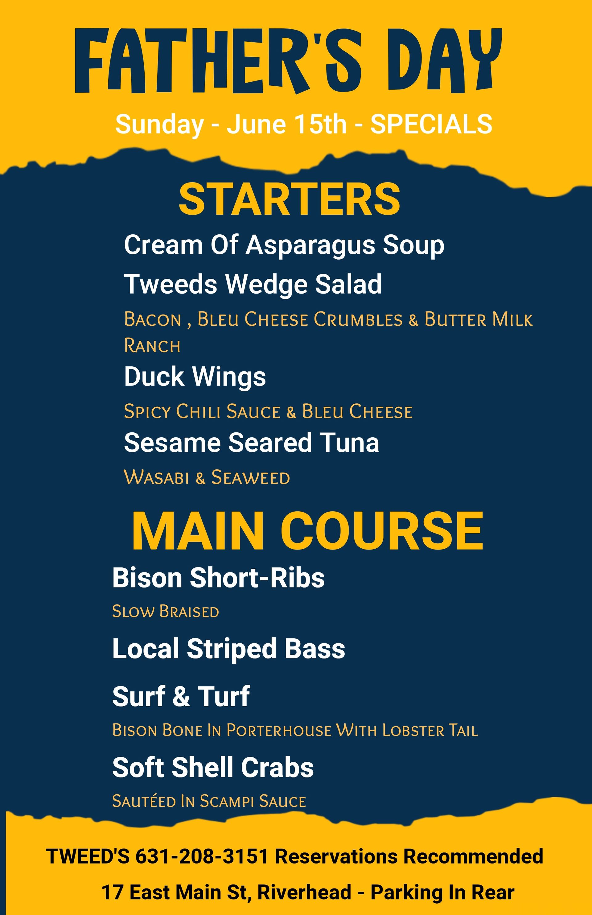 A menu for father 's day includes starters and main courses
