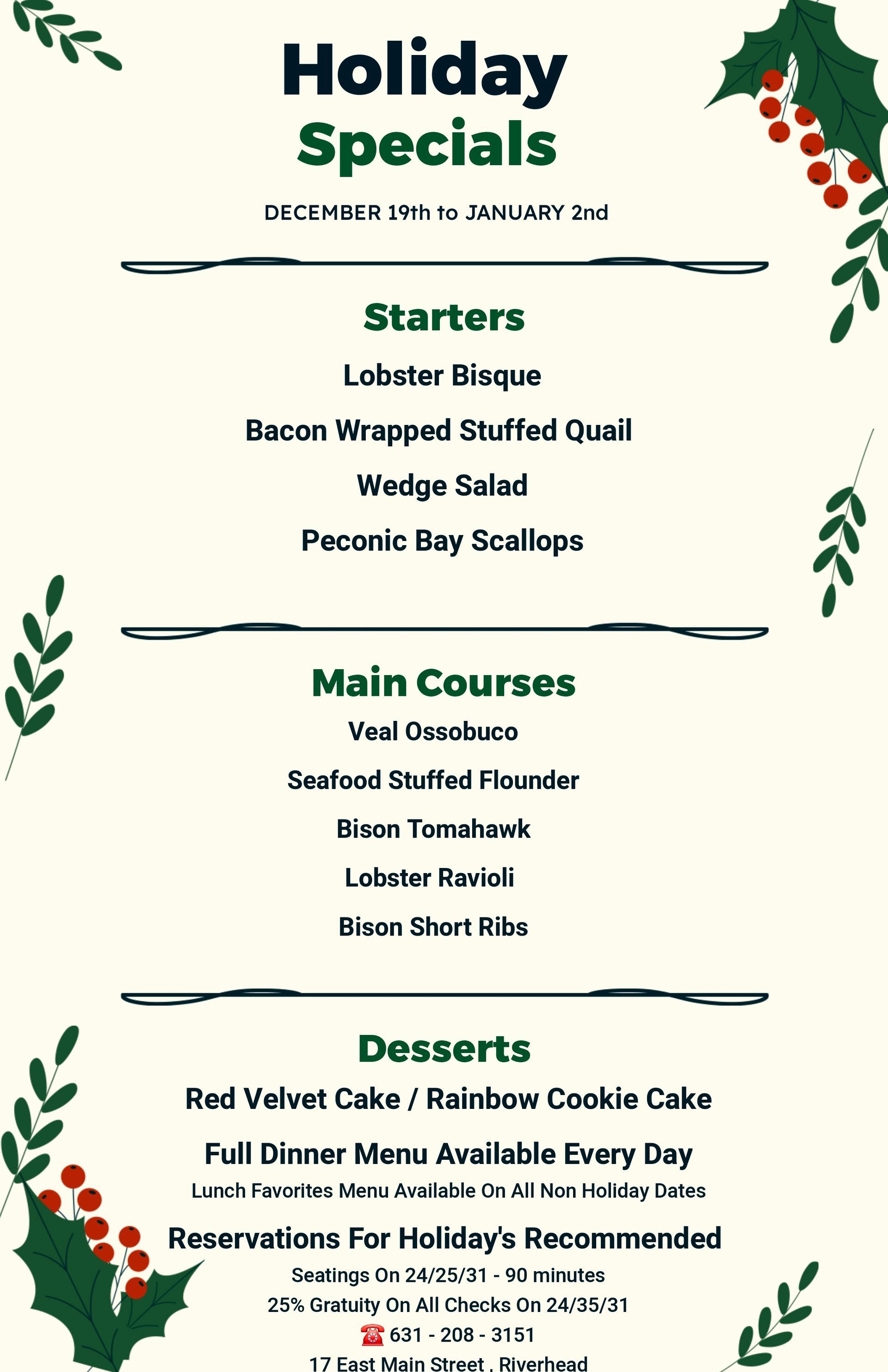 Holiday Specials menu: starters, main courses, and desserts. Green accents, holly sprigs.