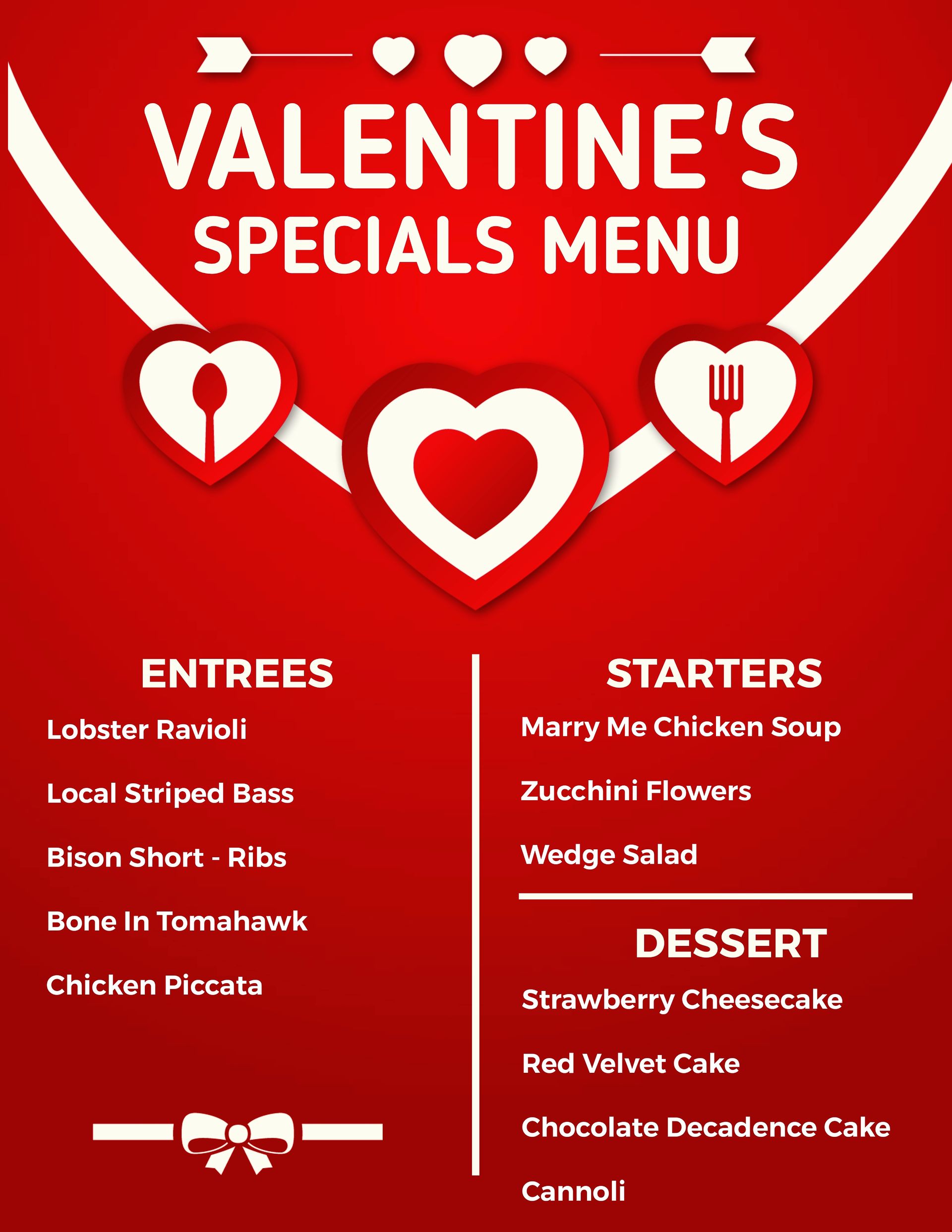 Valentine's Day menu with red background, heart design, and specials like Lobster Ravioli, Cheesecake.