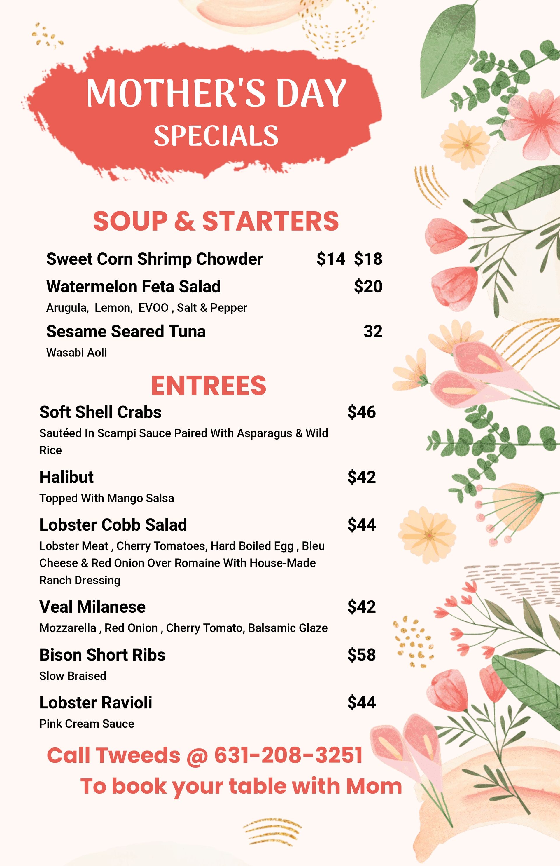 Mother's Day Menu Tweeds