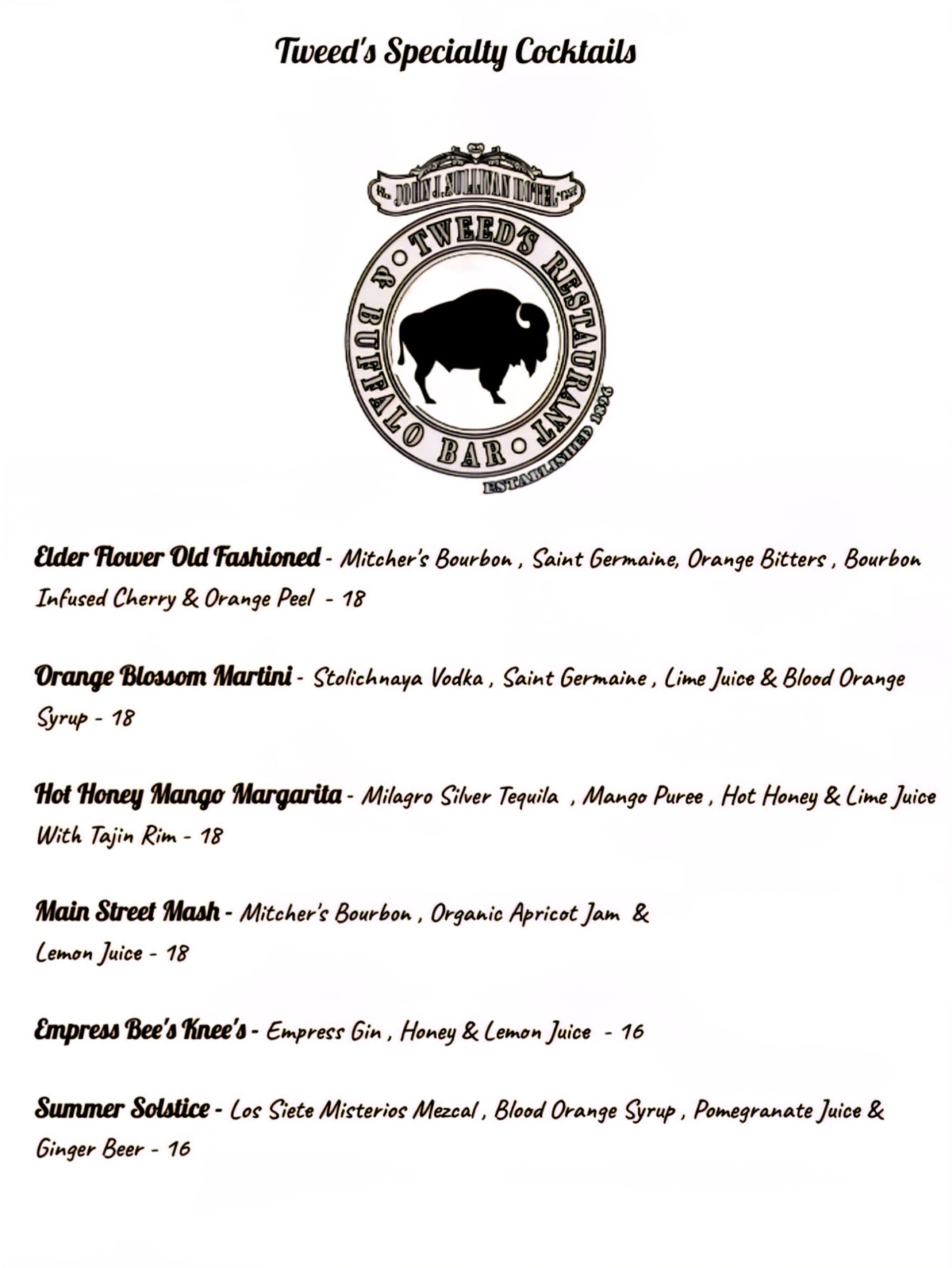 Tweed’s Specialty Cocktails menu featuring six drink options below a logo with a buffalo illustration.