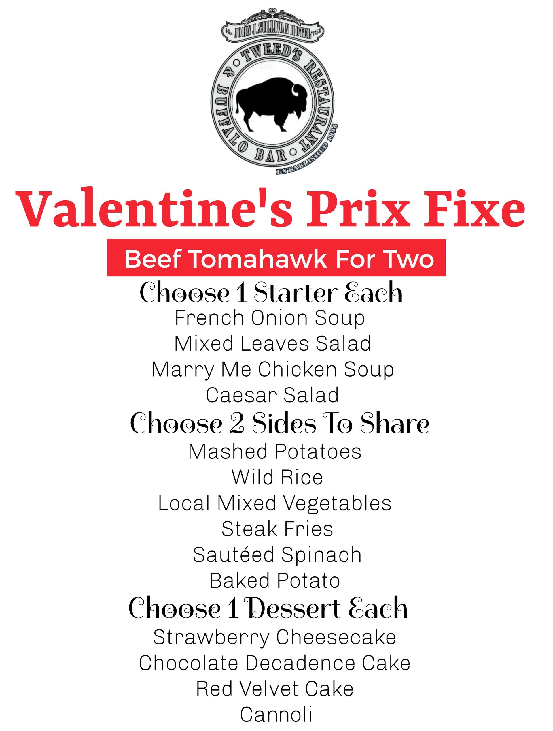 Valentine's Prix Fixe menu: Beef Tomahawk for Two, starter, sides & dessert options listed.