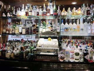 shelves of liquor at seafood restaurant in Long Island, NY