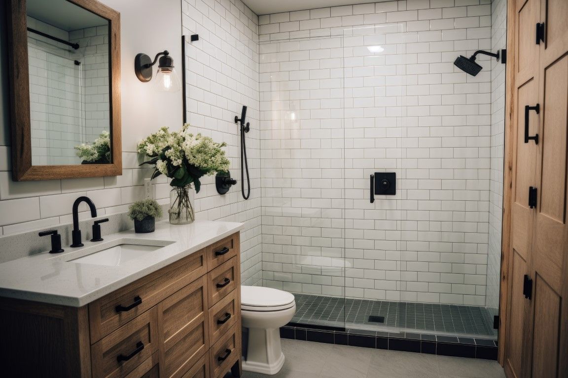 a large bathroom with see through shower walls laid with large format white tile and gray cabinets