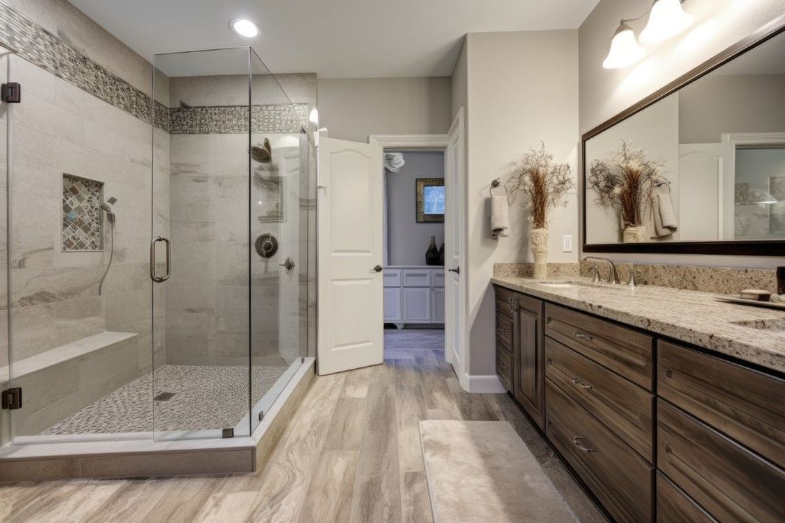 a large modern style bathroom with a free standing tub that sits on hardwood floors that are raised off the ground slightly