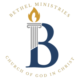 Logo for Bethel Ministries, a Church of God in Christ. Features a shield with a “B,” crossed swords, and laurel.