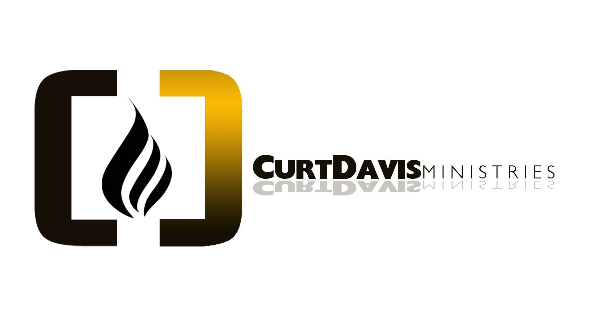 Logo for Curt Davis Ministries. Black and gold square with a flame graphic; text: Curt Davis Ministries.