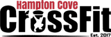 Logo for Hampton Cove CrossFit. Black text "CrossFit" with a person lifting weights in the "O". Red text "Hampton Cove". "Est. 2017".
