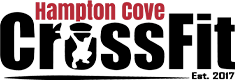 Logo for Hampton Cove CrossFit. Black text "CrossFit" with a person lifting weights in the "O". Red text "Hampton Cove". "Est. 2017".
