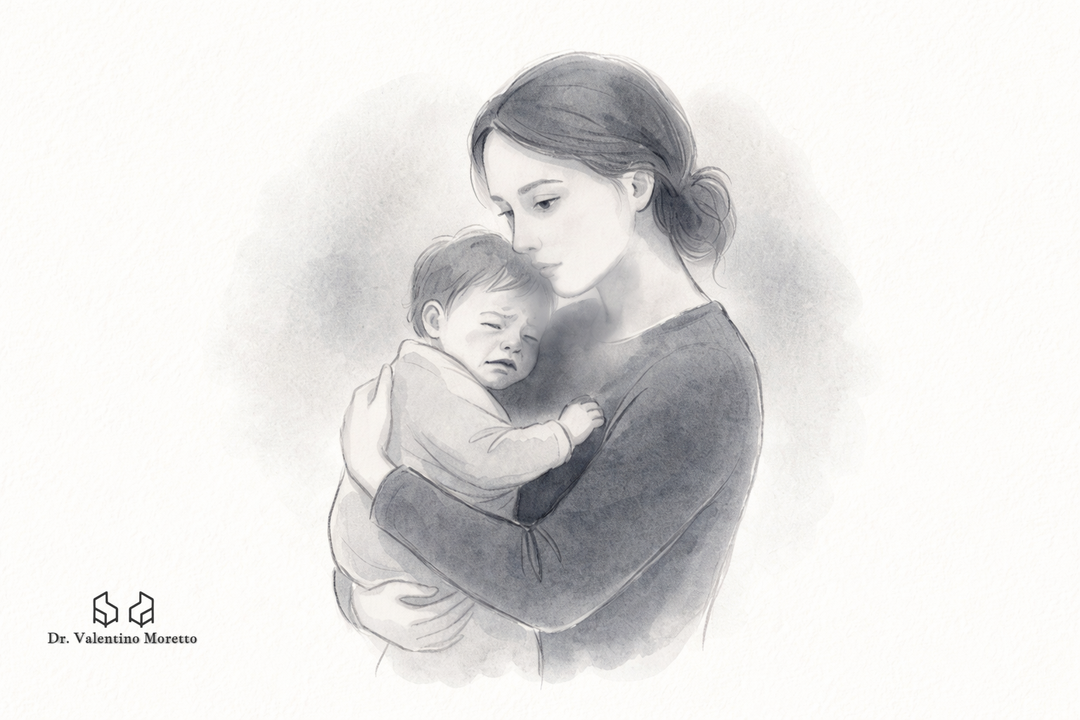 Madre che tiene in braccio un bambino che piange, scena simbolica del legame e dell’interpretazione
