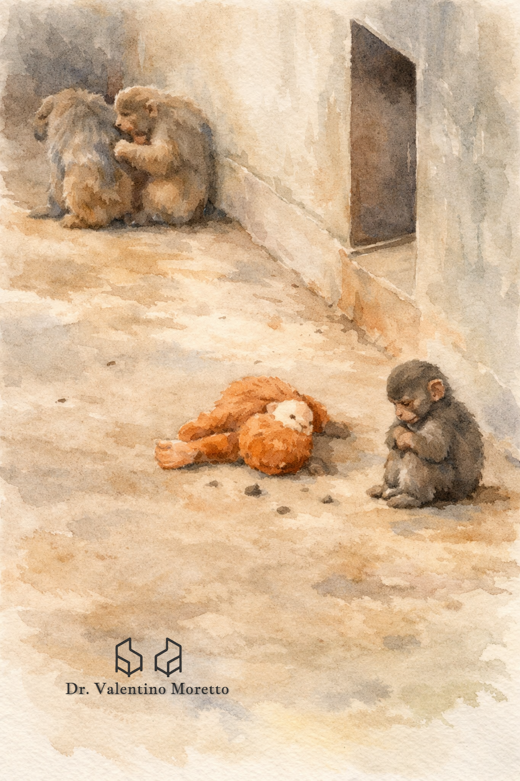 Acquerello di un piccolo macaco escluso dal gruppo, simbolo del bisogno di appartenenza e della soff